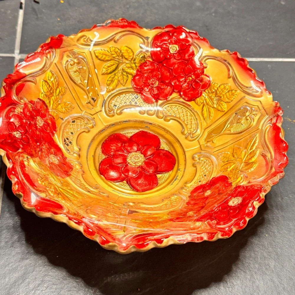 Vintage Goofus Glass Embossed Gold Flower Candy Dish Trinket Bowl‎ Red Accent